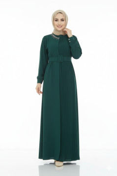 فستان مصمم بكسرات وحزام - زمرد 1369