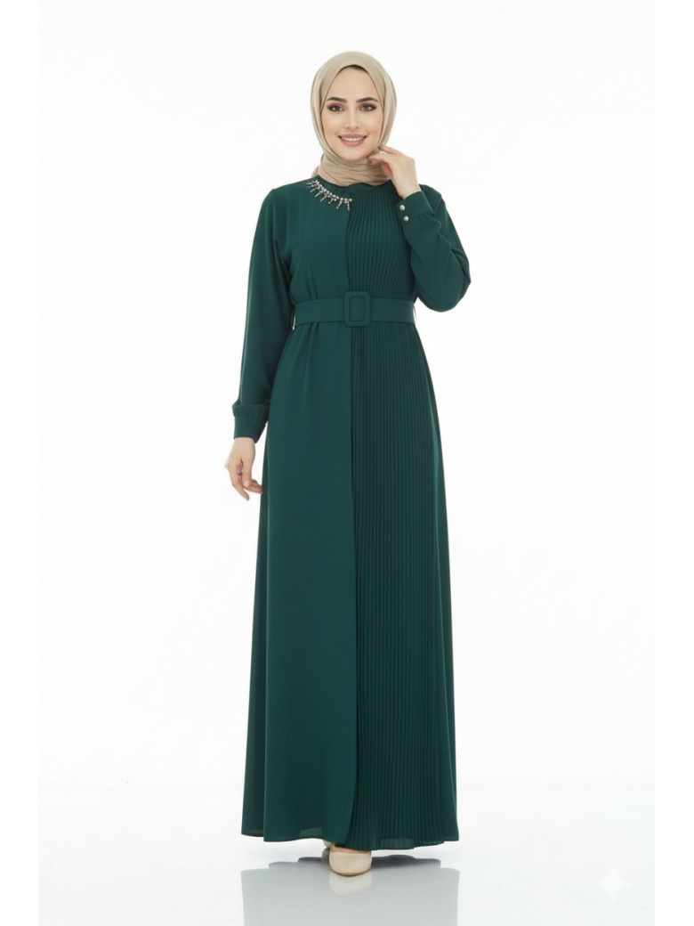فستان مصمم بكسرات وحزام - زمرد 1369