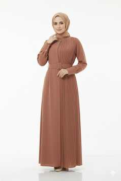 فستان مصمم بكسرات وحزام - بني1369