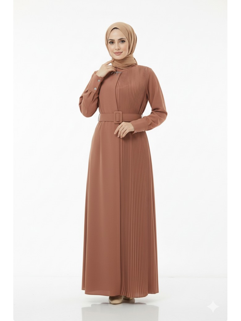فستان مصمم بكسرات وحزام - بني1369