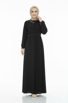 فستان مصمم بكسرات وحزام - اسود 1369