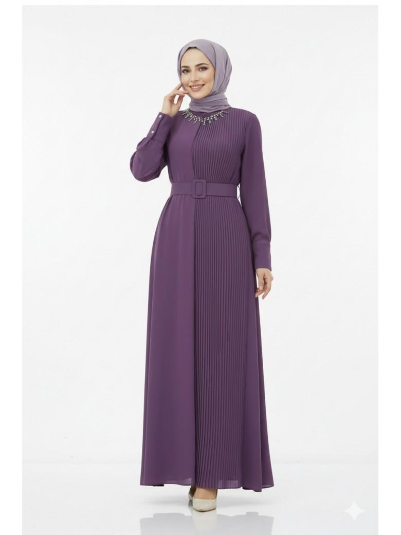 فستان مصمم بكسرات وحزام - ليلكي 1369