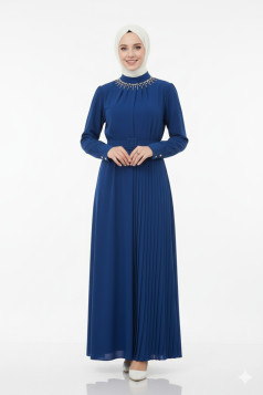 فستان مصمم بكسرات وحزام - كحلي 1369