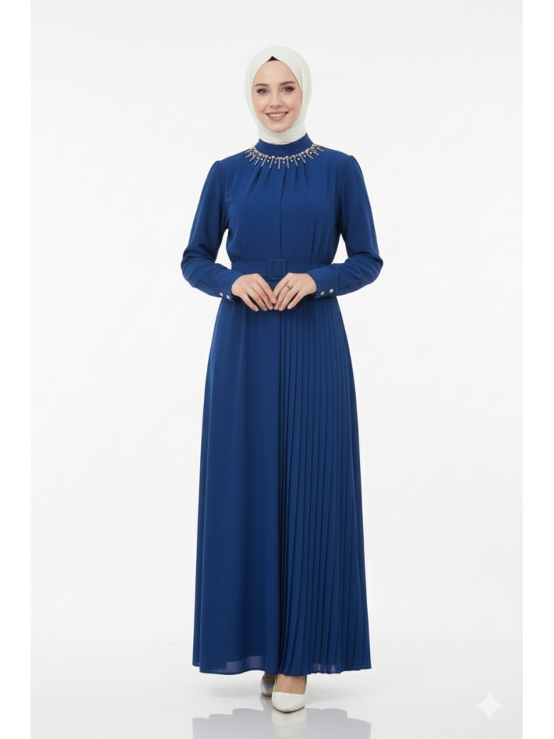 فستان مصمم بكسرات وحزام - كحلي 1369