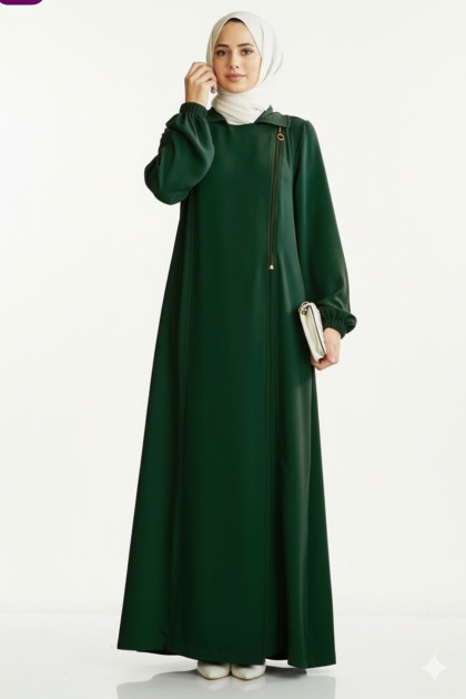 عباية لين بتصميم مميز بأكمام مزمومة وسحاب جانبي (زمرد) 1376