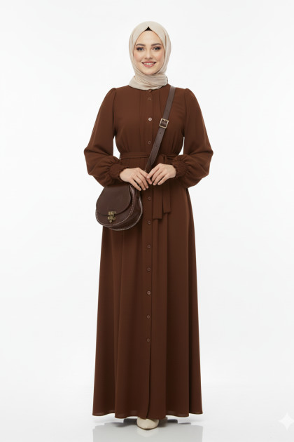 عباية كلاسيك بأزرار وخصر مربوط (بني) 1390