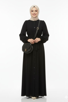 عباية كلاسيك بأزرار وخصر مربوط (اسود) 1390
