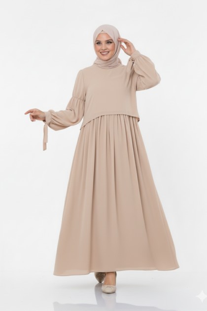 فستان واسع بأكمام مربوطة (بيج) 1430