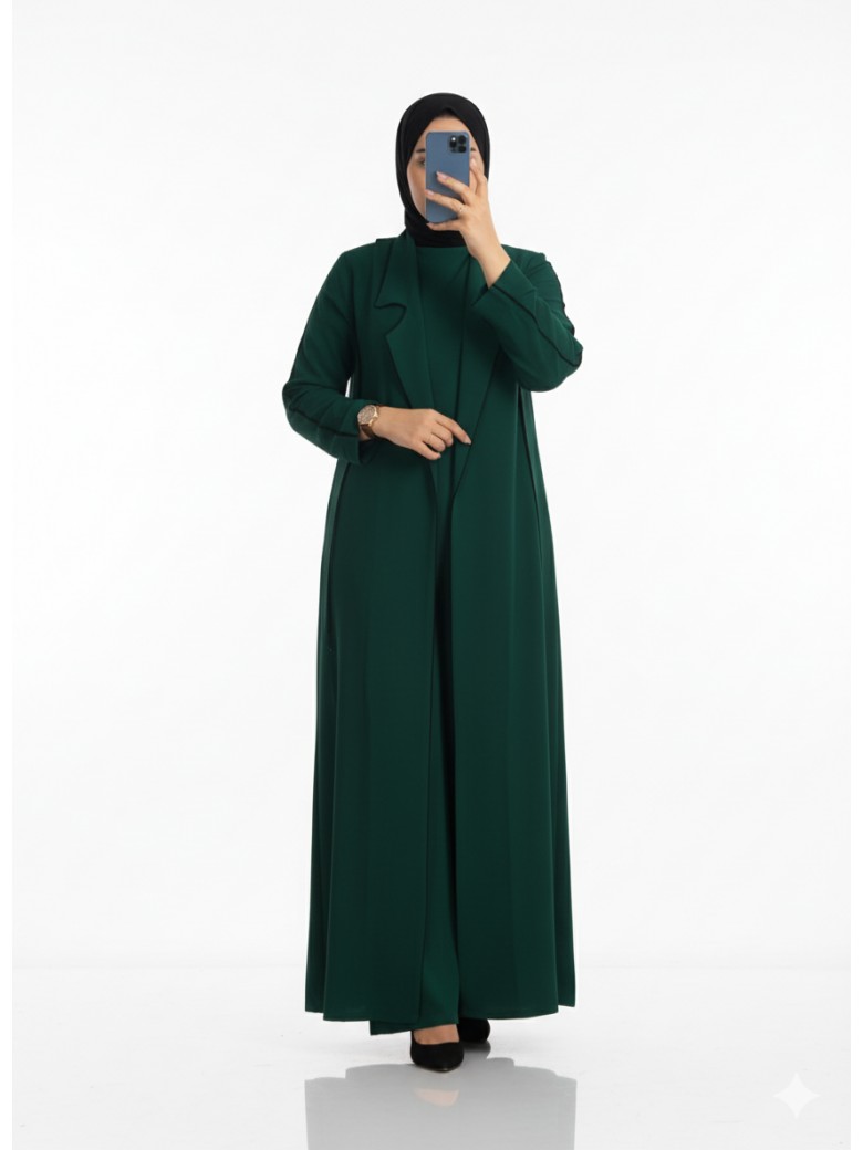 طقم ماسة قطعتين فستان وجاكيت طويل أنيق (زيتي) 3034