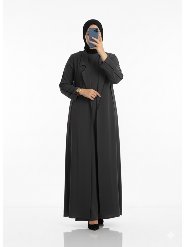 طقم ماسة قطعتين فستان وجاكيت طويل أنيق (رمادي) 3034