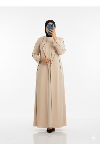 طقم ماسة قطعتين فستان وجاكيت طويل أنيق (بيج) 3034