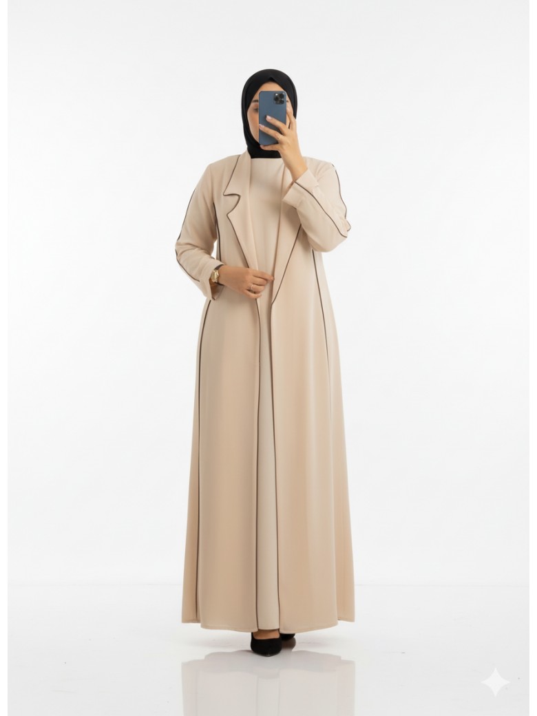 طقم ماسة قطعتين فستان وجاكيت طويل أنيق (بيج) 3034