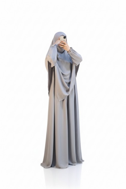 طقم فاطمه قطعتين فستان عملي وحجاب (رمادي) 1479