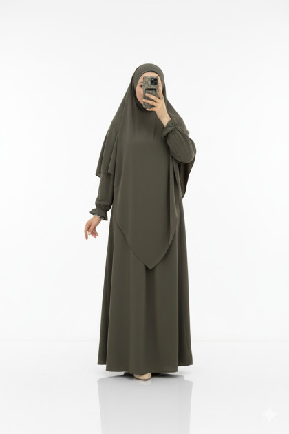 طقم فاطمه قطعتين فستان عملي وحجاب (موكا) 1479