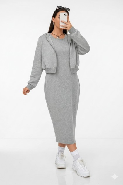 طقم نانسي فستان وجاكيت رياضي (رمادي) T10070
