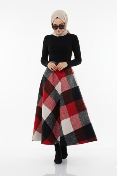 تنورة جوخ ميدي كاروهات (أحمر) 3041