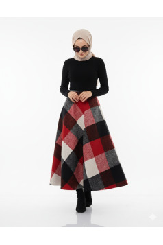 تنورة جوخ ميدي كاروهات (أحمر) 3041