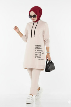 طقم قطعتين بلوزة بكابيشون وبنطلون (بيج) 1505