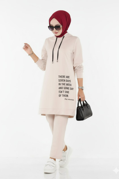 طقم قطعتين بلوزة بكابيشون وبنطلون (بيج) 1505