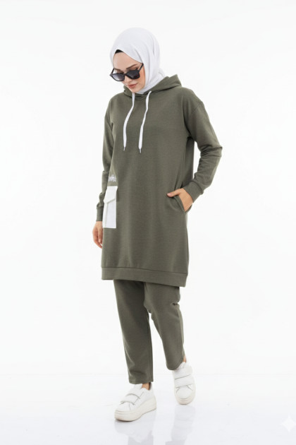 طقم قطعتين بلوزة بكابيشون وبنطلون (هاكي) 1499