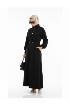 فستان كلوش بياقة مميزة وحزام خصر (اسود) 1504