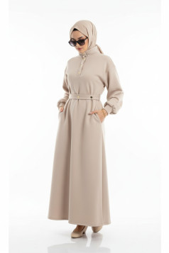فستان كلوش بياقة مميزة وحزام خصر (بيج) 1504