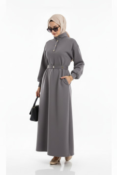 فستان كلوش بياقة مميزة وحزام خصر (رمادي) 1504