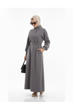 فستان كلوش بياقة مميزة وحزام خصر (رمادي) 1504