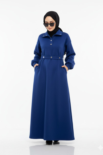 فستان كلوش بياقة مميزة وحزام خصر (ازرق) 1504