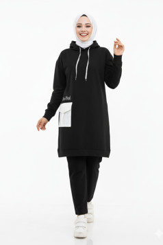 طقم قطعتين بلوزة بكابيشون وبنطلون (اسود) 1499