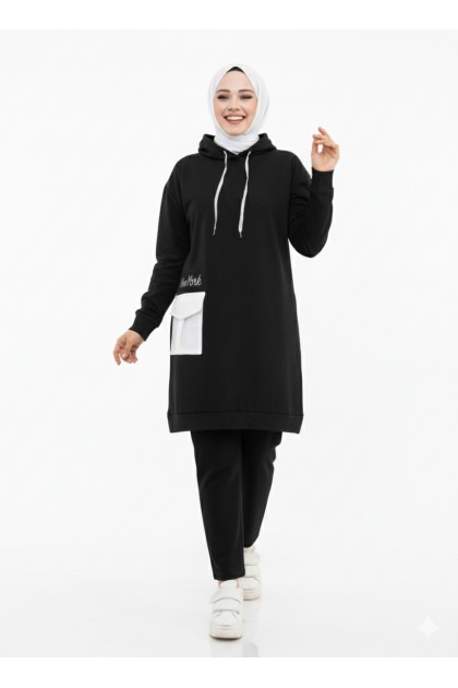 طقم قطعتين بلوزة بكابيشون وبنطلون (اسود) 1499