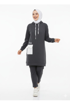 طقم قطعتين بلوزة بكابيشون وبنطلون (رمادي) 1499