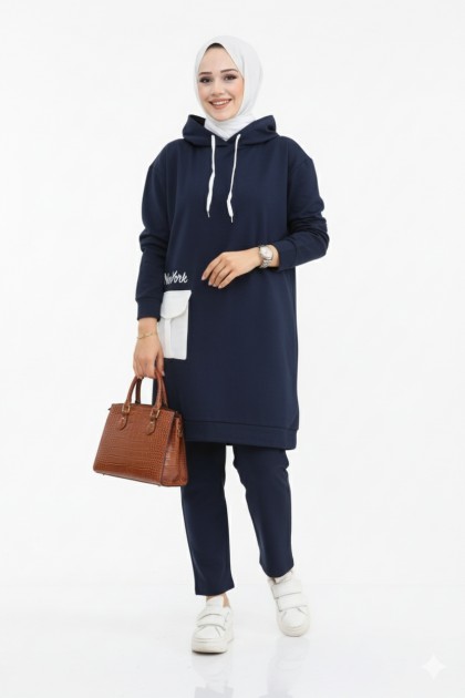 طقم قطعتين بلوزة بكابيشون وبنطلون (كحلي) 1499