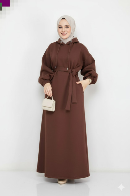 فستان قطني بكابيشون وحزام (بني) 1498