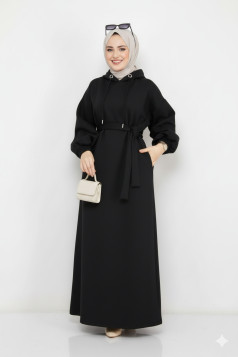 فستان قطني بكابيشون وحزام (أسود) 1498