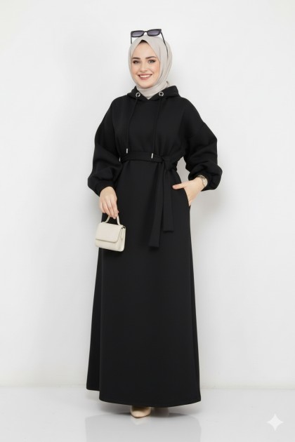 فستان قطني بكابيشون وحزام (أسود) 1498