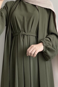 طقم بتول فستان ومشلح خارجي (زيتي) 4095