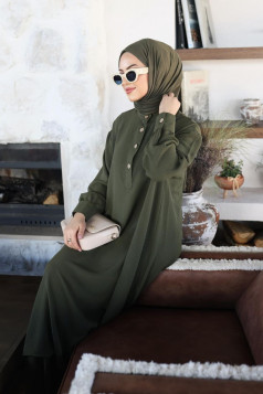 طقم نيللي تونيك طويل بأزرار وبنطلون واسع (هاكي) 4083