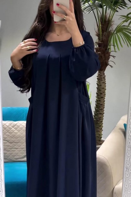 فستان يارا بأكمام مزمومة وجيوب جانبية (كحلي) 4081