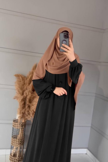 عباية عائشة بأزرار أمامية وأكمام زم (أسود) 1527