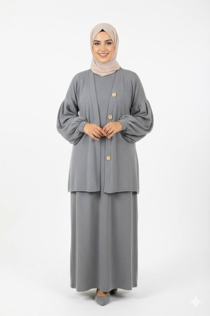 طقم فستان وجاكيت بأزرار (رمادي) 4056