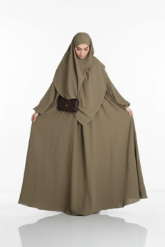 طقم زينب قطعتين فستان عملي وحجاب (هاكي) 1477