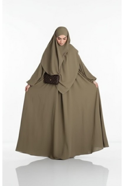 طقم زينب قطعتين فستان عملي وحجاب (هاكي) 1477