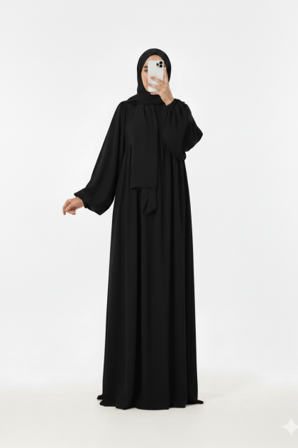 فستان واسع بأكمام مزمومة (أسود) 1512