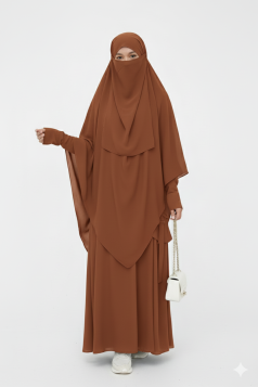 طقم حفصة قطعتين حجاب شرعي طويل وعباية (بني) 1530