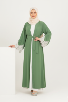 عباية لجين الرسمية المزينه بالدانتيل الصيفية (هاكي)1656