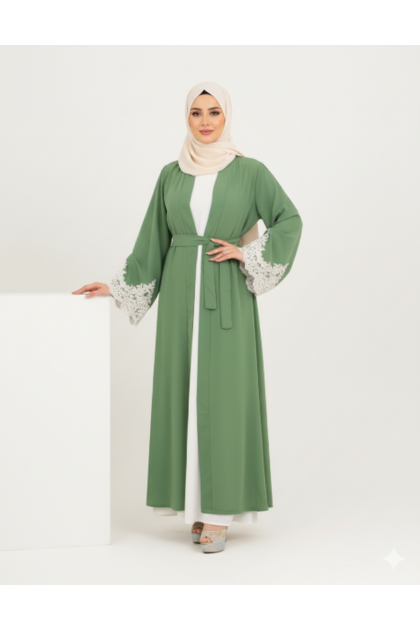 عباية لجين الرسمية المزينه بالدانتيل الصيفية (هاكي)1656