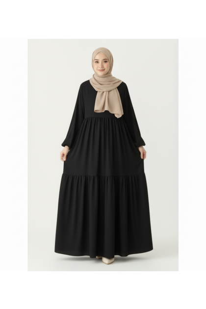 عباية ليان دبل زم ذات أكمام مزمومة (أسود) 1405