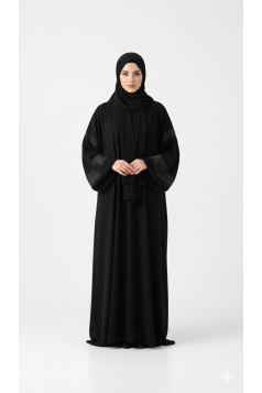 عباية بثينة بأكمام مطرزة بخطوط جميلة (أسود) 4068