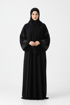 عباية بثينة بأكمام مطرزة بخطوط جميلة (أسود) 4068